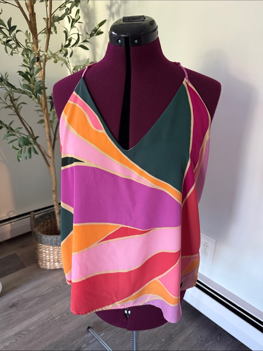 Shop Impressions Medium Colorblock Wave Halter Tank Top - Magenta, Orange, Green